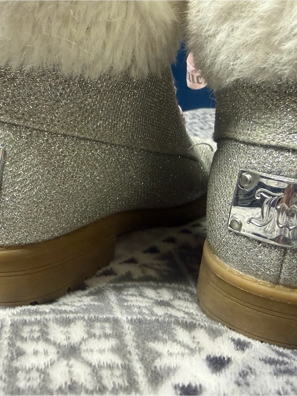 Juicy Couture Kids Sparkle Silver Faux-Fur Lined Lace-Up Boots
